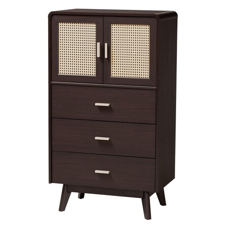 Baxton Studio Giancarlo Mid-Century Modern Espresso Brown Wood 3-Drawer Storage Chest with Rattan door 242-13626-ZORO